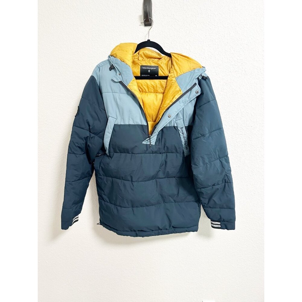 Bearded Goat Mens Half Snap Zip Up Lined Puffer Jacket Hooded Colorblock Large